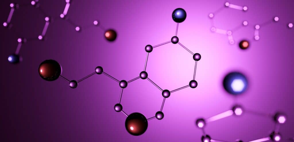 3d illustration. Model of serotonin molecule, Hormone of Happiness
